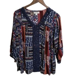 JohnPaulRichard Boho Crochet Lace Trim Colorful Top Shirt Blouse Women's Size 1X